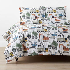 Construction Builders Classic Cool Organic Cotton Percale Duvet Cover Set - White Multi, Full