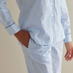 Printed Poplin Women's Button-Down Pajama Set - Blue Stripe, XL