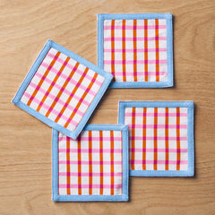 Floral Plaid Reversible Cocktail Napkins, Set of 4 - Red