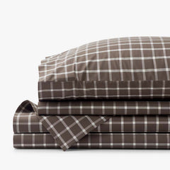 Classic Stripes and Plaids Cool Yarn-Dyed Cotton Percale Bed Sheet Set - Windowpane Brown, Queen