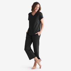 Pima Cotton Women's Cropped Pajama Set - Black, XL