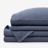Premium Breathable Washed Linen Solid Bed Sheet Set - Denim Blue, Full