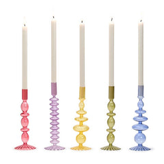 Hand-Blown Glass Taper Candlestick Candle Holders, Set of 5 - Multi