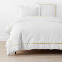 Embroidered Scallop Classic Cool Cotton Percale Duvet Cover - Yellow, Full
