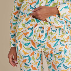 Printed Poplin Women's Button-Down Pajama Set - Spring Birds, M