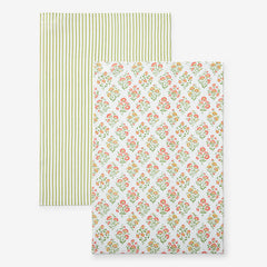 Mix & Match Printed Cotton Tea Towels, Set of 2 - Pink Green