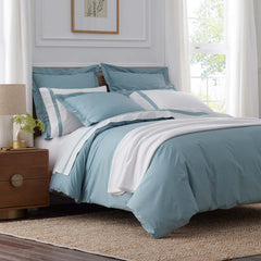 Contrast Border Premium Cool Supima® Cotton Percale Bed Sheet Set - Slate Blue, Twin