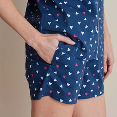Printed Poplin Women's Shorts Set - Navy Hearts, XXL