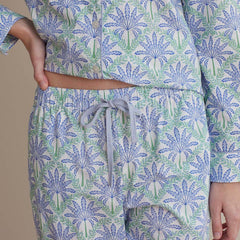 Printed Poplin Women's Button-Down Pajama Set - Blue Palm, XXL