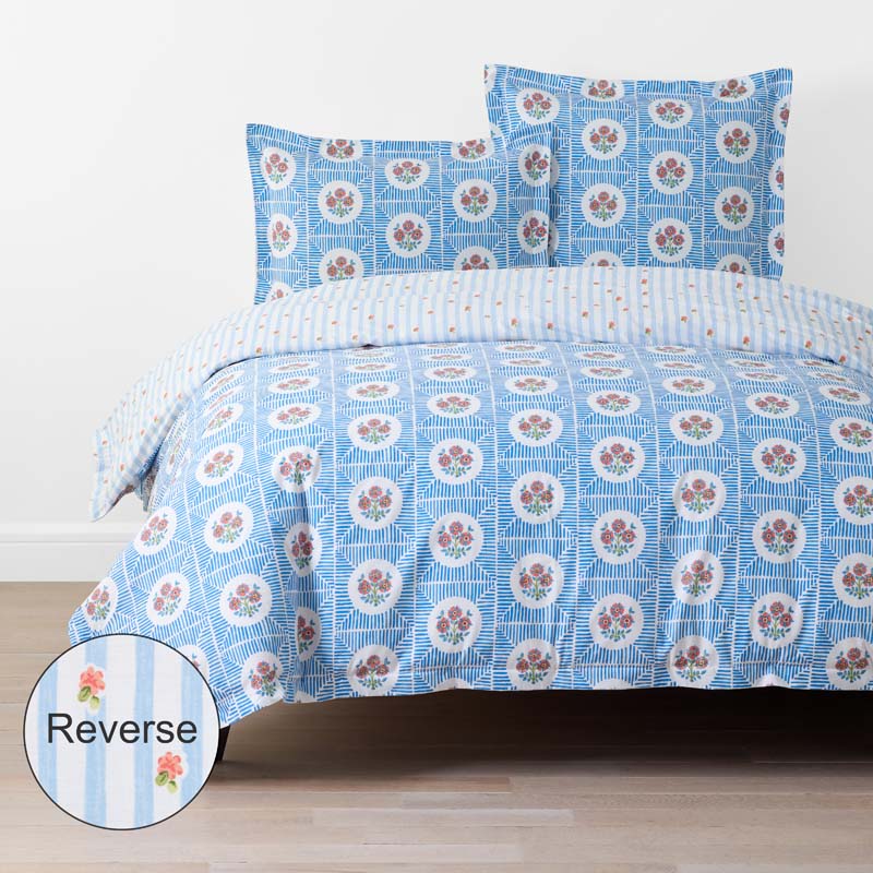 Blossoms and Stripes Classic Cool Cotton Percale Reversible Duvet Cover - Blossom Veil, King/Cal. King