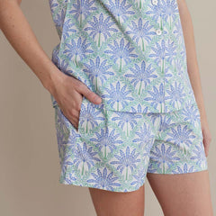 Printed Poplin Women's Shorts Set - Blue Palm, XL