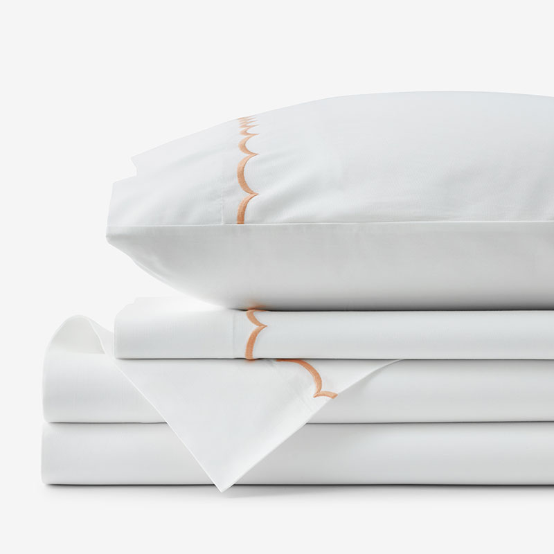 Embroidered Scallop Classic Cool Cotton Percale Bed Sheet Set - Melon, Twin