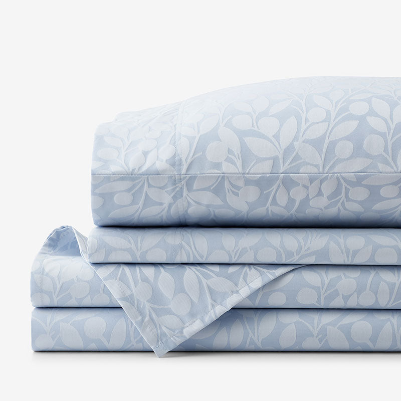 Jacquard Leaf Yarn-Dyed Premium Smooth Supima® Cotton Wrinkle-Free Sateen Bed Sheet Set - Blue Shadow, King