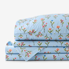 Blossoms and Stripes Classic Cool Cotton Percale Bed Sheet Set - Garden Poppies, King