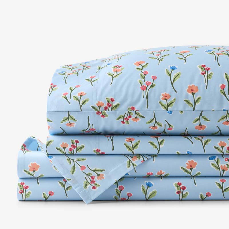 Blossoms and Stripes Classic Cool Cotton Percale Bed Sheet Set - Garden Poppies, Twin