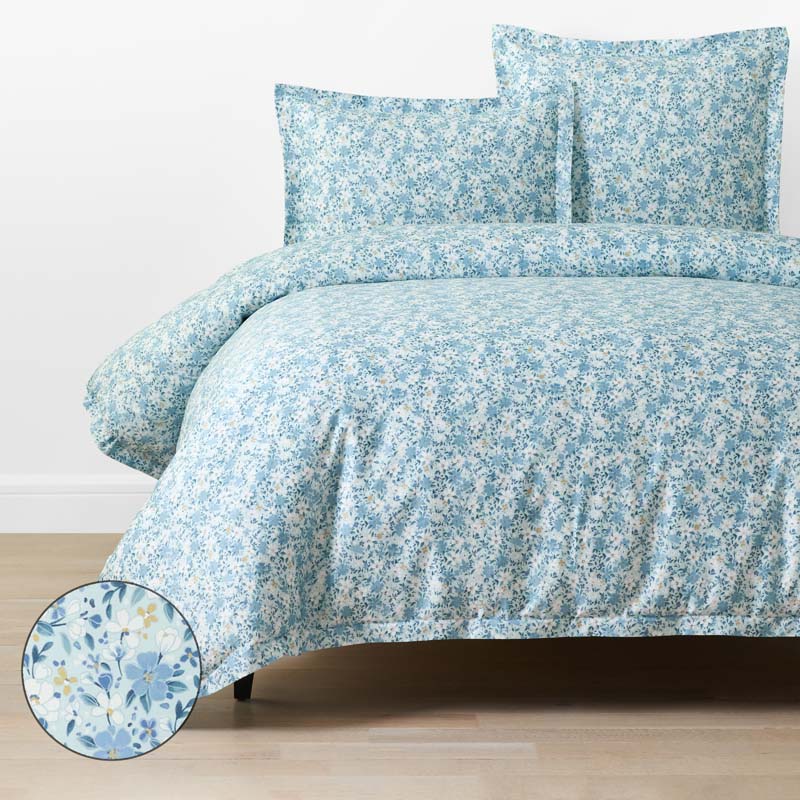 Joyful Floral Classic Smooth Sateen Duvet Cover - Blue, Full/Queen