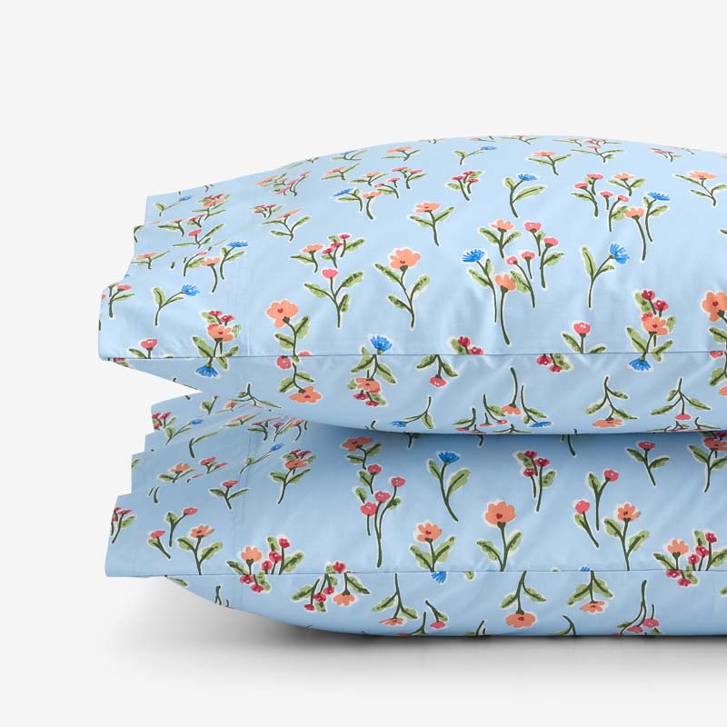 Blossoms and Stripes Classic Cool Cotton Percale Pillowcase Set - Garden Poppies, King