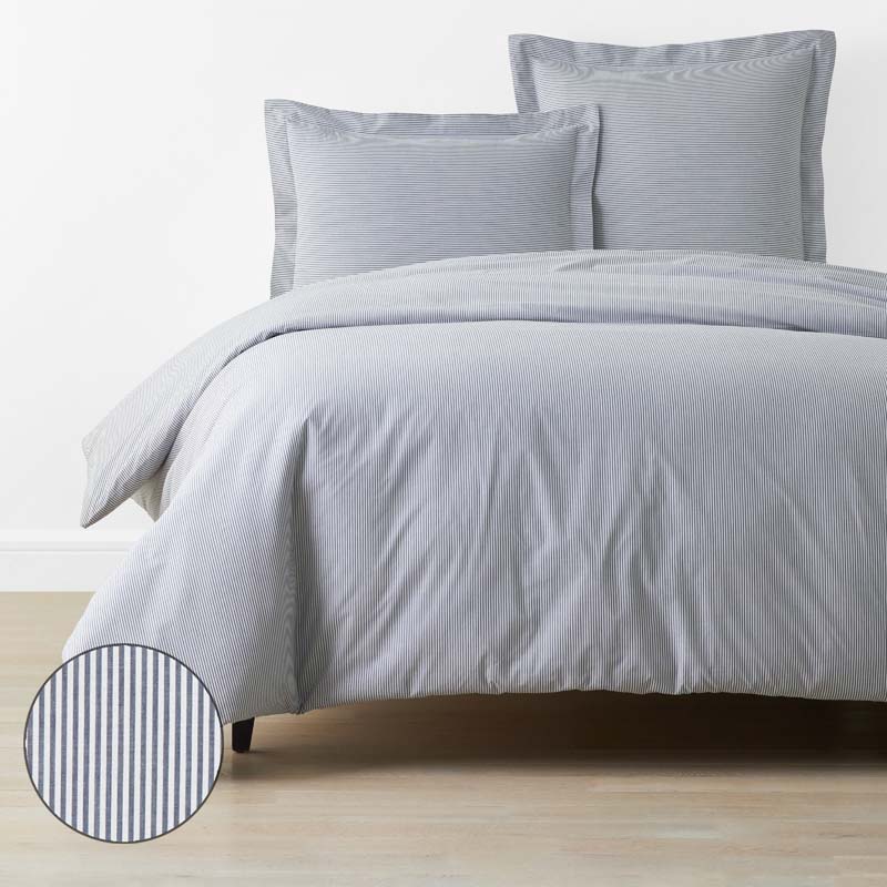 Classic Stripes and Plaids Cool Yarn-Dyed Cotton Percale Duvet Cover - Stripe White/Blue, Full/Queen