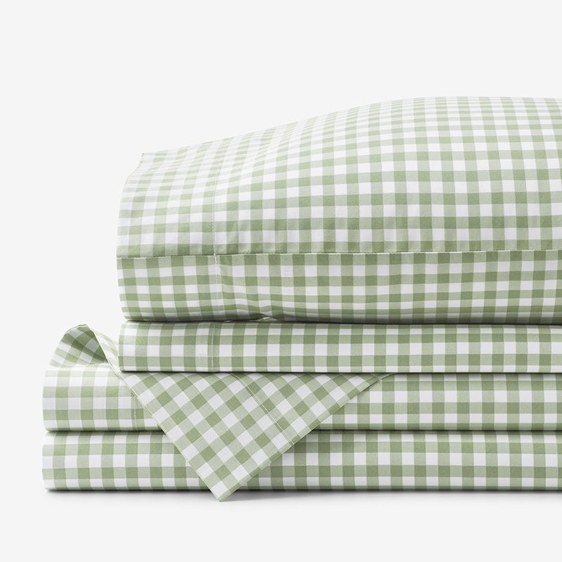 Gingham Classic Cool Organic Cotton Percale Bed Sheet Set - Moss, Twin