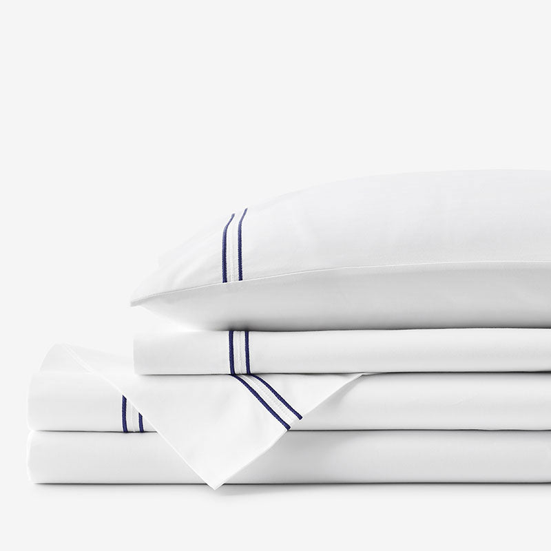 Dorset Stripe Luxe Smooth Egyptian Cotton Sateen Bed Sheet Set - Blue, Queen