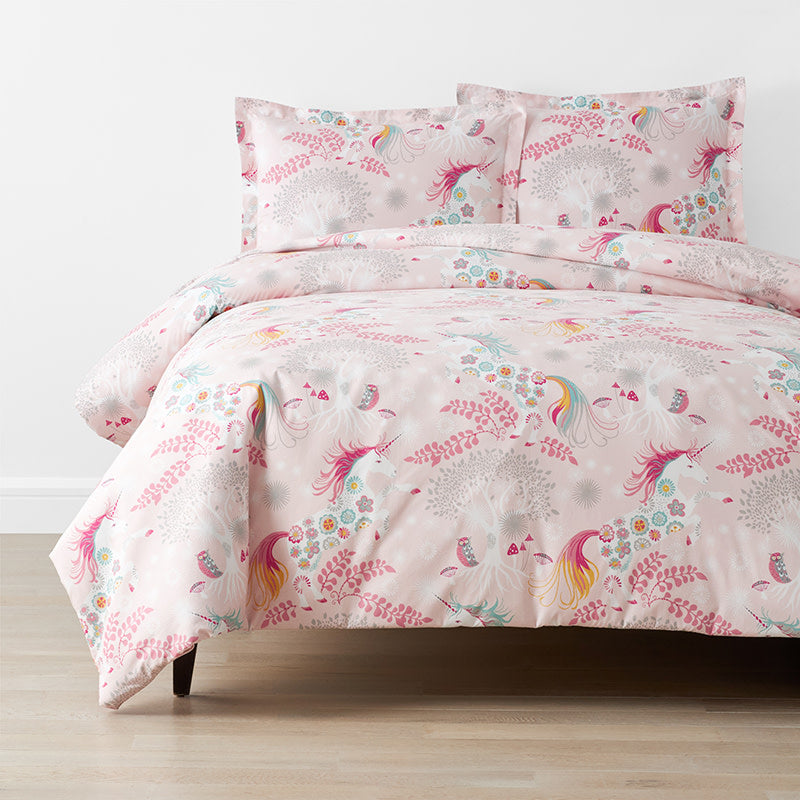 Fancy Unicorns Classic Cool Organic Cotton Percale Duvet Cover Set - Pink Multi, Full