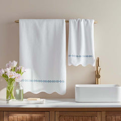 Embroidered Scallop Hand Towel - Modern Leaf