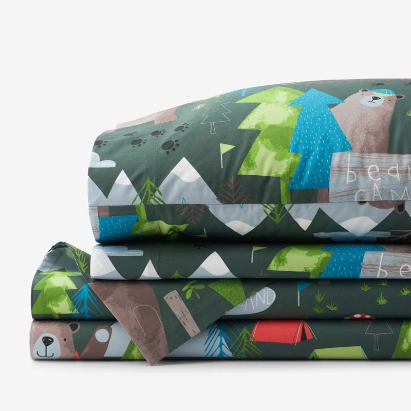 Bear Camp Classic Cool Organic Cotton Percale Bed Sheet Set - Green Multi, Full