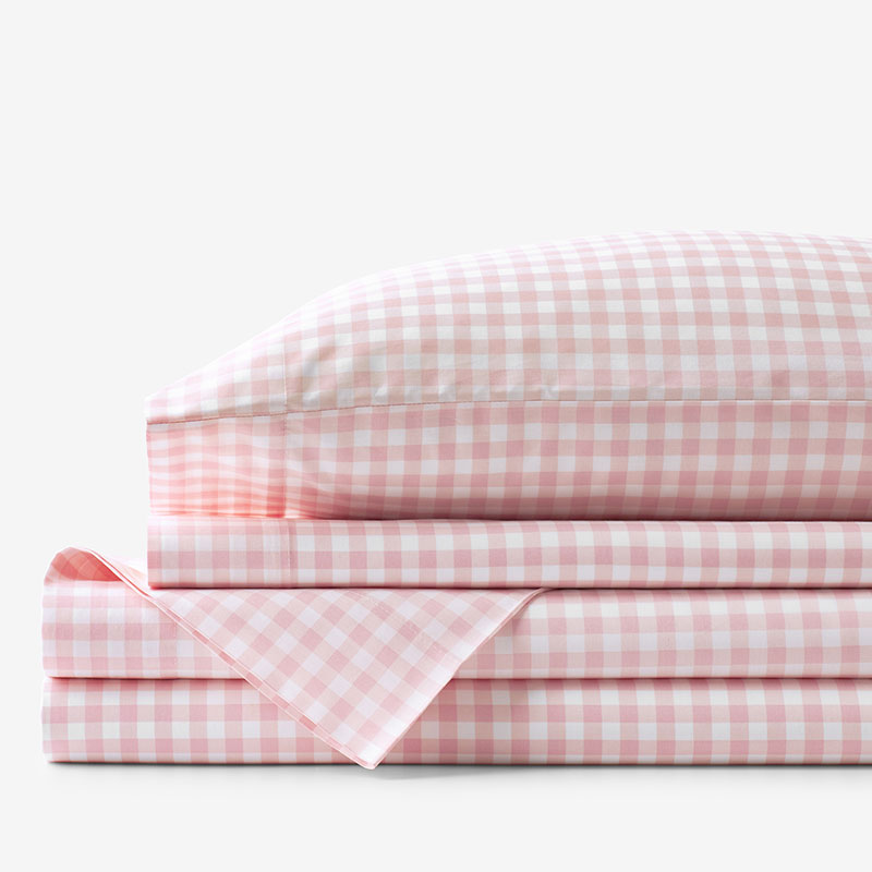 Gingham Classic Cool Organic Cotton Percale Bed Sheet Set - Petal Pink, Full