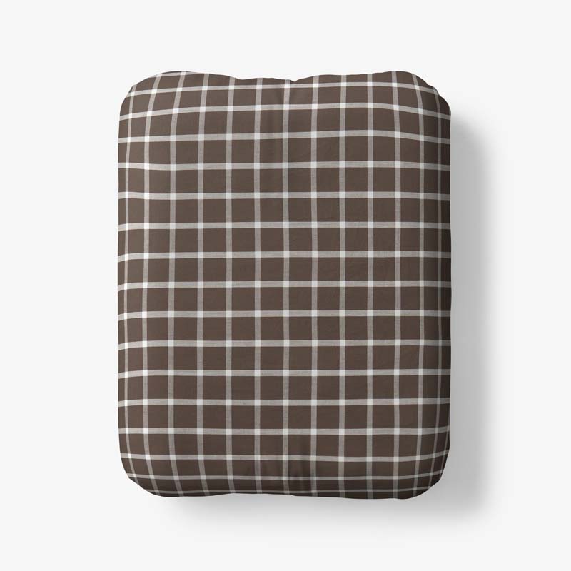 Classic Stripes and Plaids Cool Yarn-Dyed Cotton Percale Fitted Bed Sheet - Windowpane Brown, Queen
