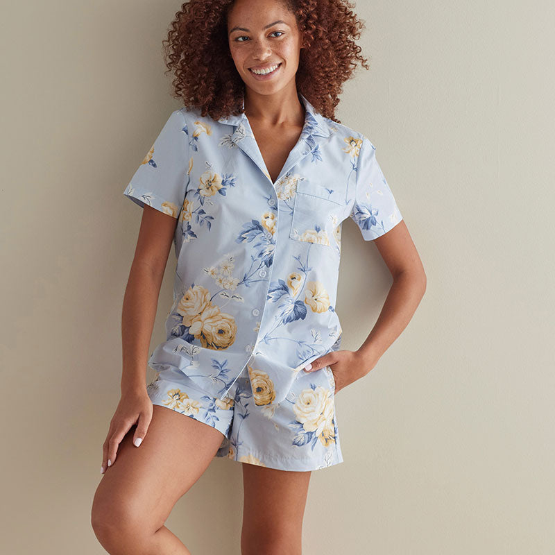 Printed Poplin Women's Shorts Set - Blue Floral, XXL