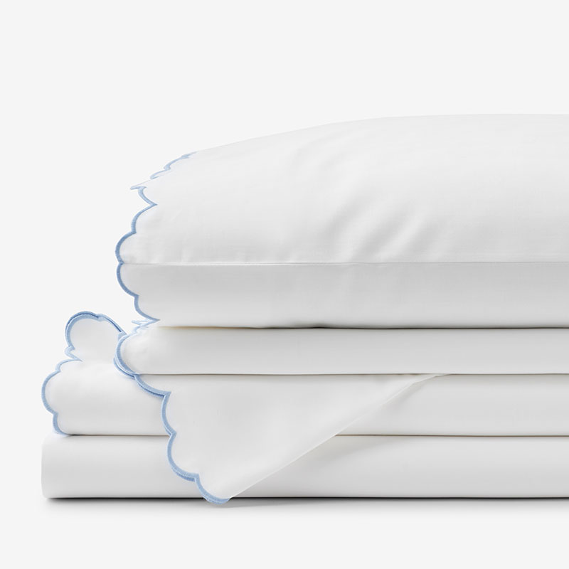 Embroidered Scallop Classic Smooth Sateen Solid Bed Sheet Set - Light Blue, King