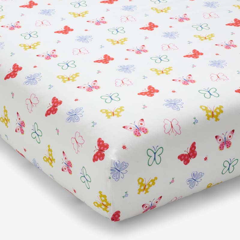 Ditsy Butterflies Classic Cool Organic Cotton Percale Fitted Crib Sheet - White Multi
