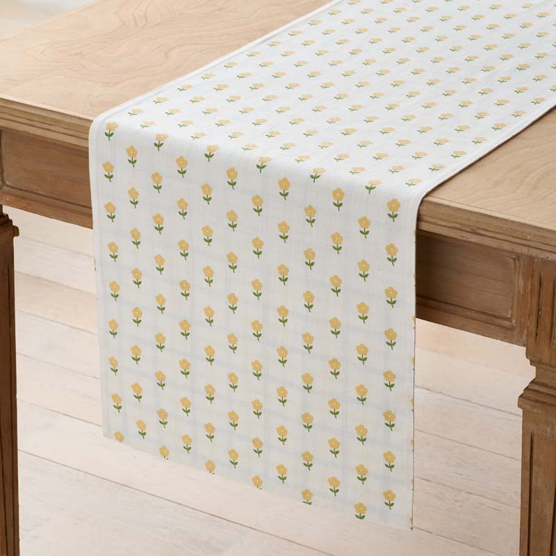 Flowers & Plaid Yarn-Dyed Reversible Table Runner - Graph Plaid Yellow, 16 in. x 90 in.