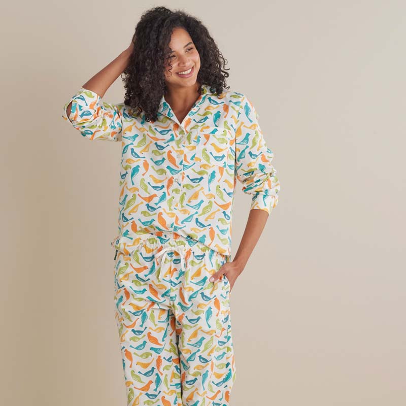 Printed Poplin Women's Button-Down Pajama Set - Spring Birds, XL
