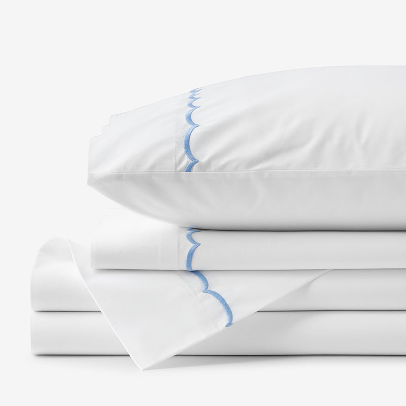 Embroidered Scallop Classic Cool Cotton Percale Bed Sheet Set - Blue, Full