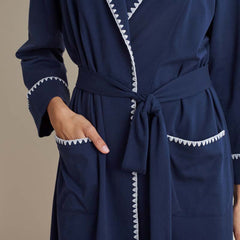 Peruvian Cotton Embroidered Women's Robe - Navy, S