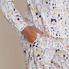Printed Poplin Women's Button-Down Pajama Set - Kittie Party, S