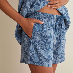 Printed Voile Women's Babydoll Shorts Set - Indigo Floral, XXL