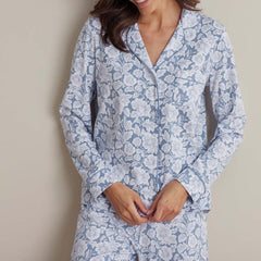 Printed Pima Cotton Women's Button-Down Pajama Set - Blue Garden, XS
