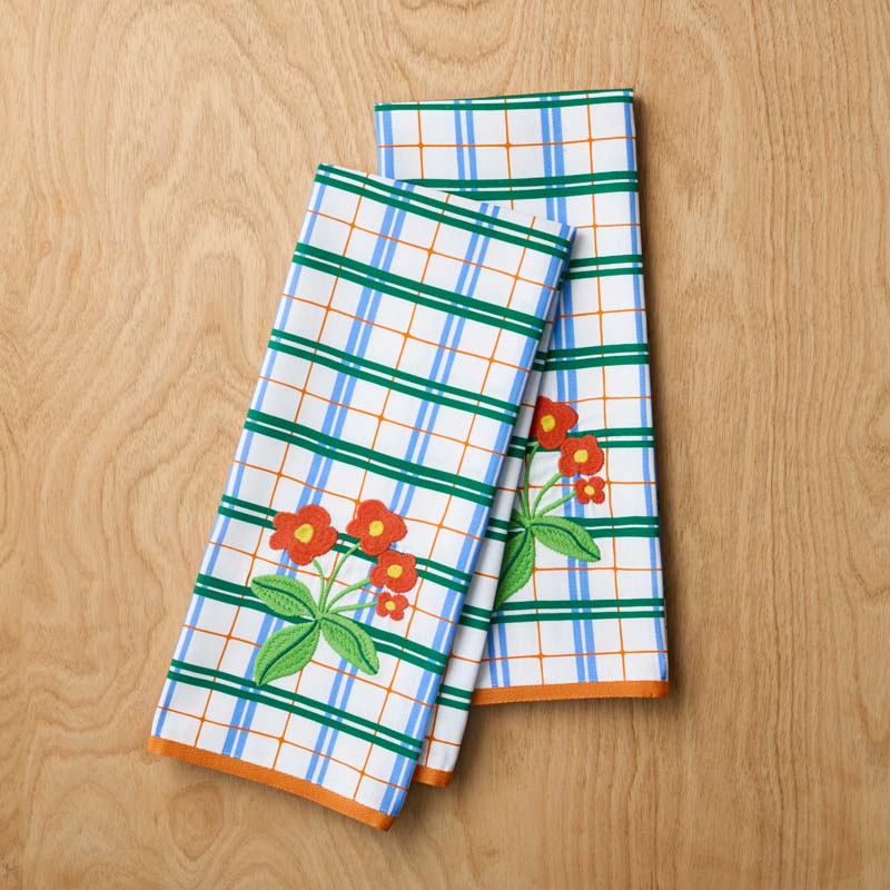 Floral Plaid Kitchen Towel Sets - Green, Set of 2