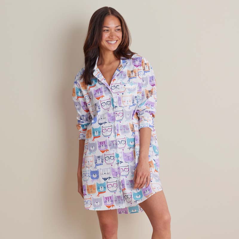 Printed Poplin Women's Nightshirt - Stylish Cats, S