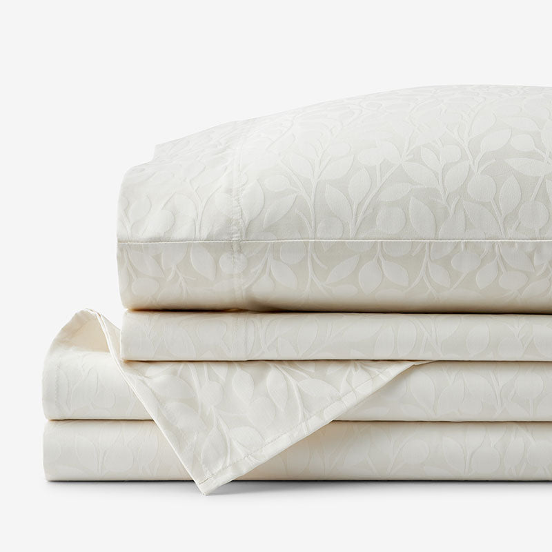 Jacquard Leaf Yarn-Dyed Premium Smooth Supima® Cotton Wrinkle-Free Sateen Bed Sheet Set - Ivory, Twin