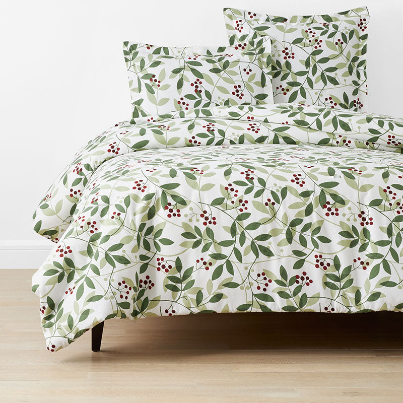 Holiday Print Classic Ultra-Cozy Cotton Velvet Flannel Duvet Cover - Berries and Leaves, Twin/Twin XL