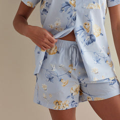 Printed Poplin Women's Shorts Set - Blue Floral, L