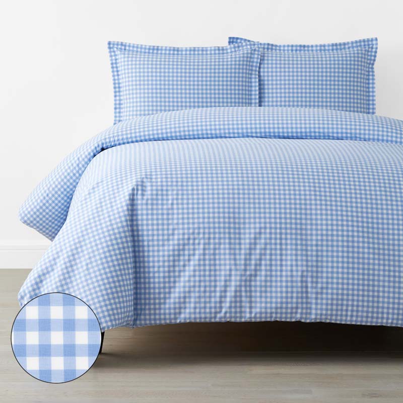 Gingham Classic Cool Organic Cotton Percale Duvet Cover Set - Light Blue, Full/Queen