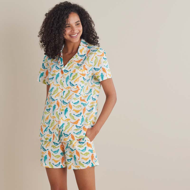 Printed Poplin Women's Shorts Set - Spring Birds, XXL