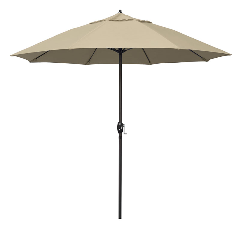 Round Outdoor Patio Umbrella, Aluminum with Auto Tilt Crank - Bronze Finish, Antique Beige, 9'