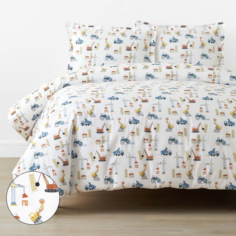 City Builders Classic Cool Organic Cotton Percale Duvet Cover Set - White Multi, Full
