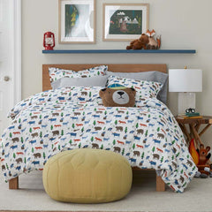 Forest Friends Classic Cool Organic Cotton Percale Duvet Cover Set - White Multi, Full/Queen