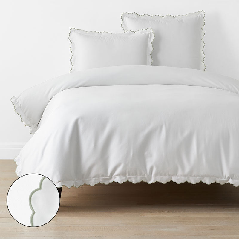 Embroidered Scallop Classic Smooth Sateen Solid Duvet Cover - Light Sage, King/Cal King